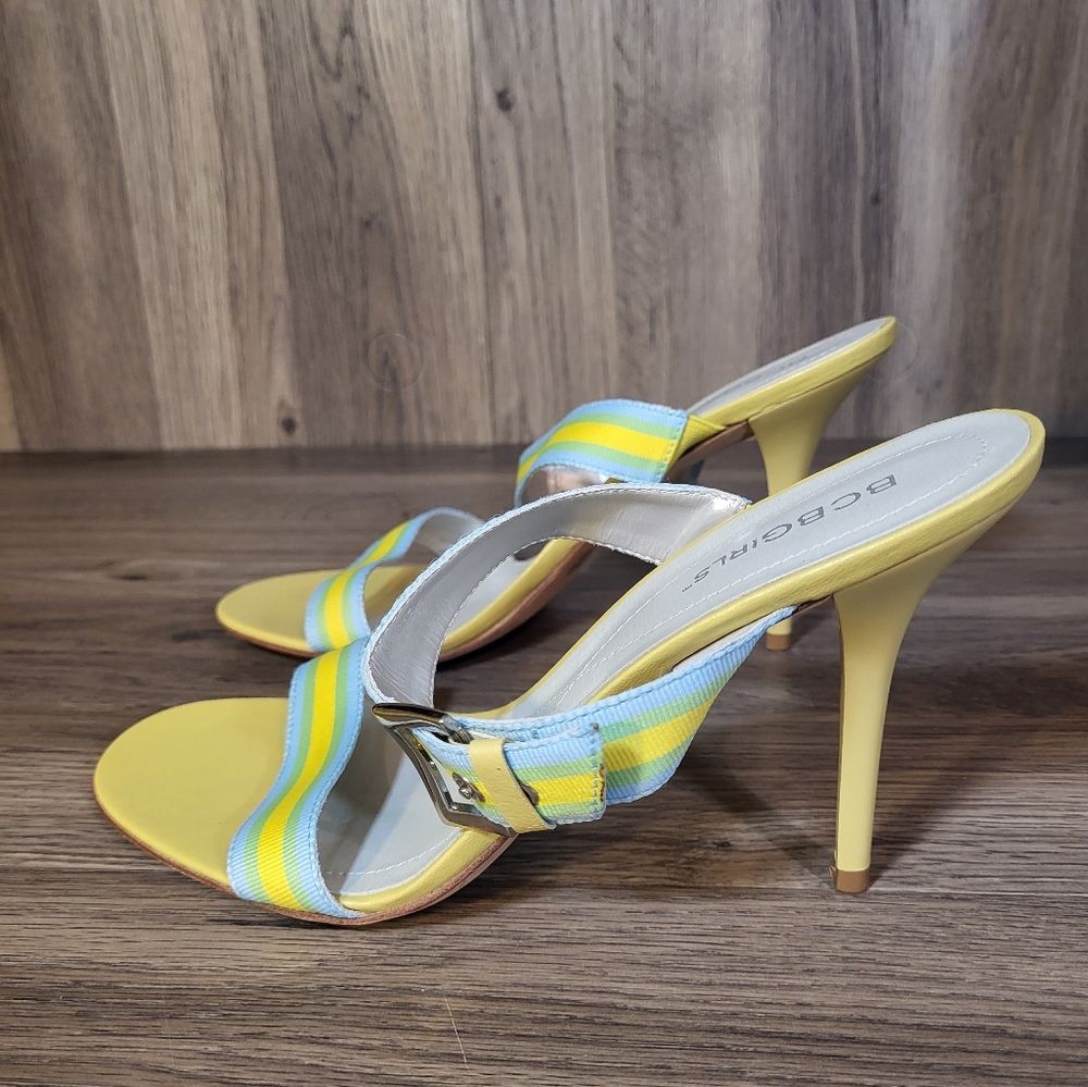BCBGirls Bizarre Women's 8.5 Summer Stripes slip on Buckle sandal Heels Leather - Picture 6 of 13